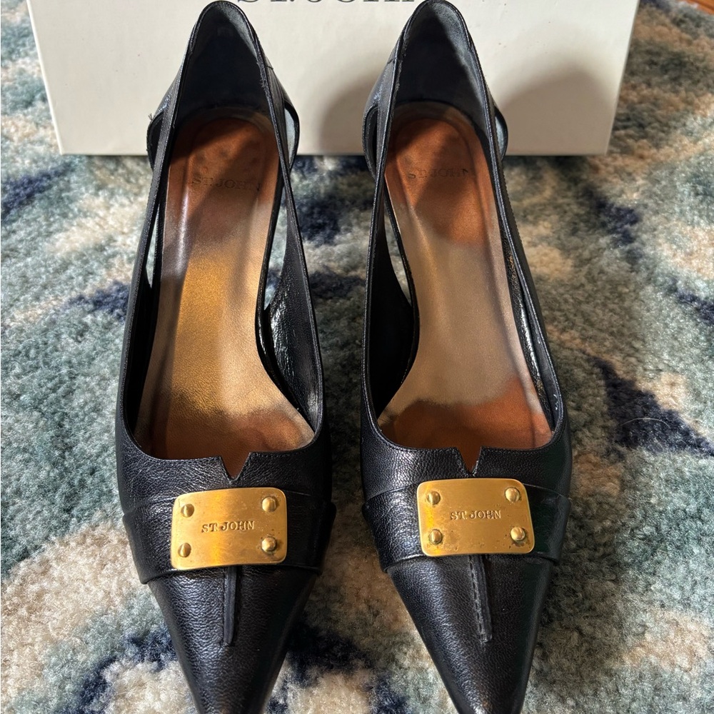 St. John Black Leather Pointed Toe Heels with Gold Plaque